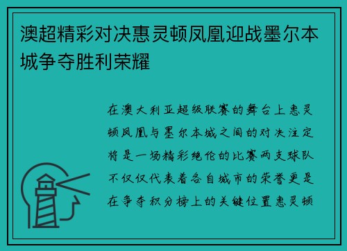 澳超精彩对决惠灵顿凤凰迎战墨尔本城争夺胜利荣耀
